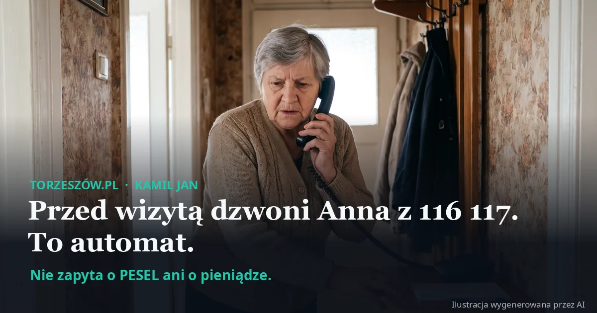 Starsza kobieta w swetrze rozmawia przez telefon stacjonarny w przedpokoju, z napisem: Przed wizytą dzwoni Anna z 116 117. To automat.