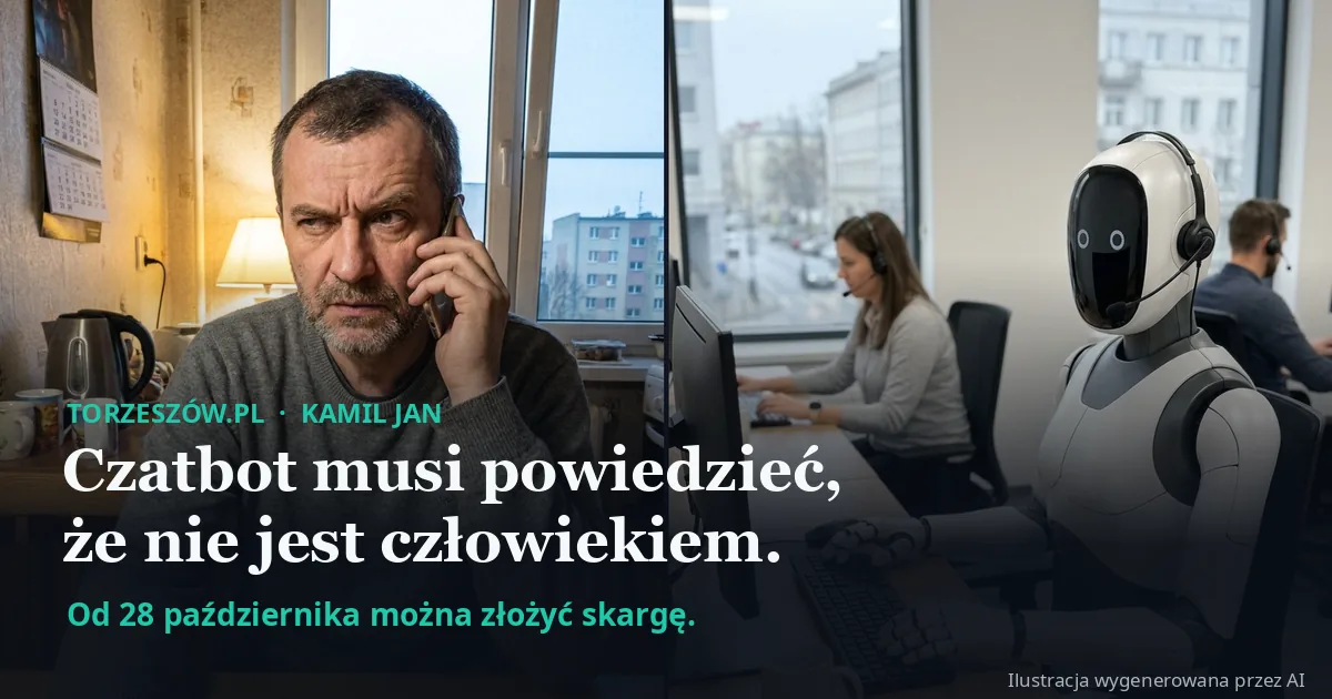 Mężczyzna z telefonem przy uchu i robot ze słuchawkami przy biurku infolinii, z napisem: Czatbot musi powiedzieć, że nie jest człowiekiem.