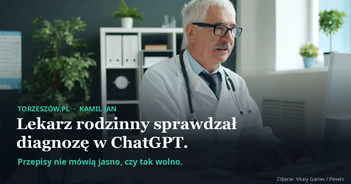 Starszy lekarz w białym fartuchu ze stetoskopem pisze na klawiaturze, z napisem: Lekarz rodzinny sprawdzał diagnozę w ChatGPT.